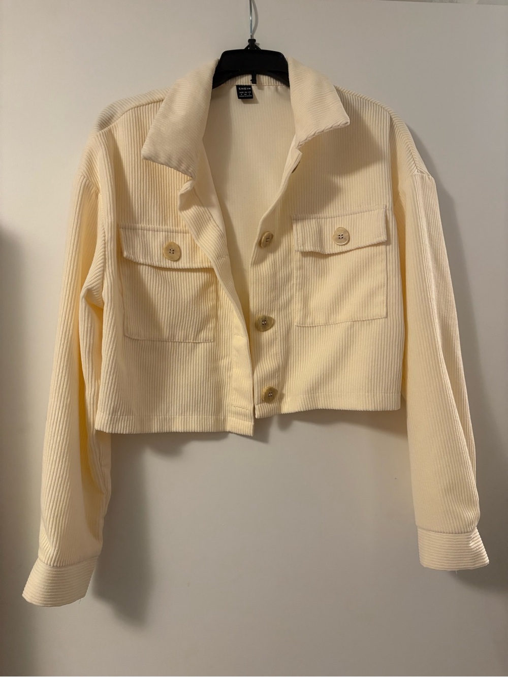 SHEIN Cream Cropped Ribbed Button-Front Bomber Jacket